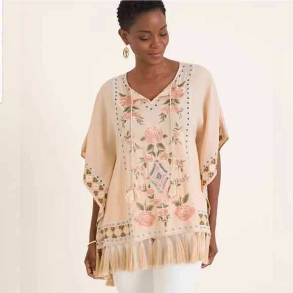 Chicos Womens Rose Embroidered Poncho Style Fringe Blouse Size Small Med - Picture 1 of 9